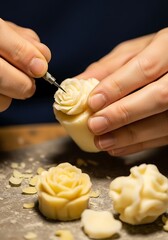 Soap carving artist meticulously shaping a rose from a block of soap