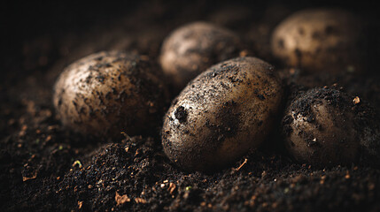 Extreme close up of freshly unearthed potatoes partially covered in dark soil, showcasing their natural texture and earthy tones, perfect for agricultural and culinary themes