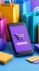 A mobile phone displays a shopping cart icon against a vibrant blue backdrop, online shopping concept. Vertical banner