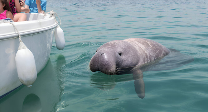  A curious manatee surfaces slowly beside a small boat