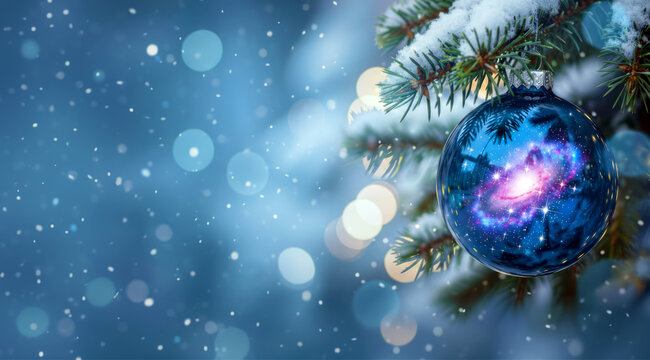 Christmas ornament with shiny space galaxy inside hanging on a snow powdered fir tree branch with soft blue snowfall bokeh lights background. Banner with copy space.