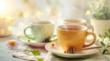 Warm Tea Cups on White Table with Daisies and Green Plants in Bright Natural Light