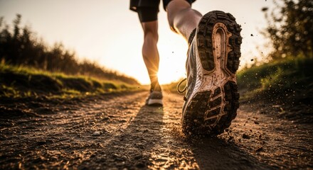 Athletes shoe kicks up dust while running trail at sunset during a healthy outdoor workout