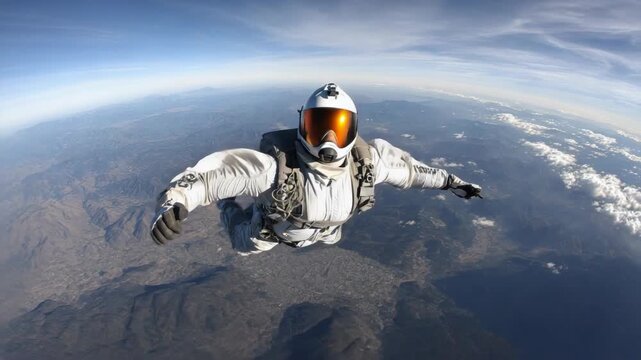 a skydiver in a specialized suit soars through the sky during a freefall