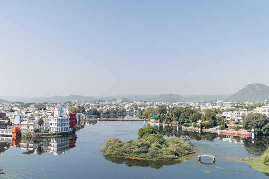Panoramic Lake View of Udaipur City and Aravalli Hills in Rajasthan, India 