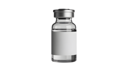 A clear glass medical vial with a silver cap and white label sits ready for use.