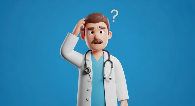 A cartoon doctor with a mustache scratching his head with a question mark above him on blue background