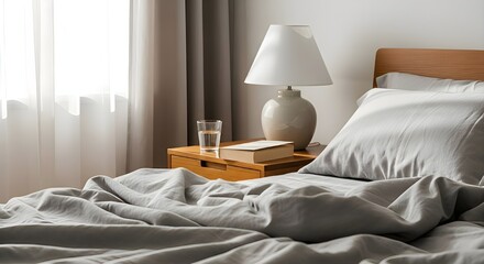 Modern Bedroom Interior: Cozy Gray Bedding, Lamp, and Nightstand