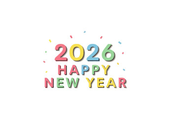 Colorful '2026 Happy New Year' text with confetti on white background.