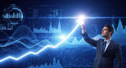 Professional touches a glowing arrow showing business financial growth and success in futuristic digital data environment