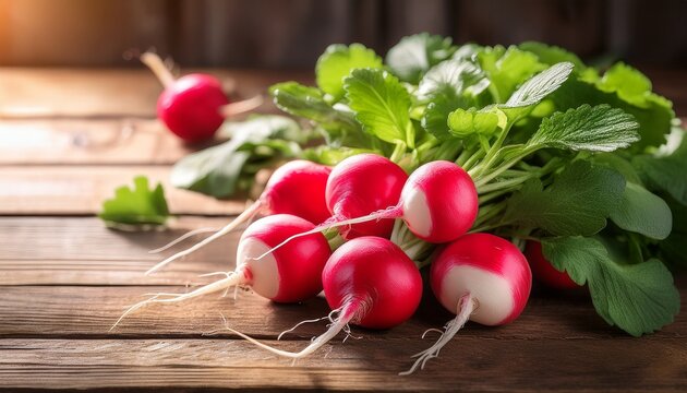 Fresh Radishes With Vibrant Green Leaves Displayed On Rustic Wooden Table Healthy Eating Concept
