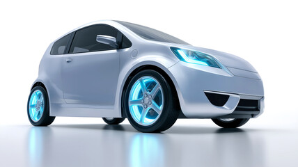 Obraz premium Modern compact electric hatchback in silver metallic color isolated on a white background with a soft reflection, stylish and clean.