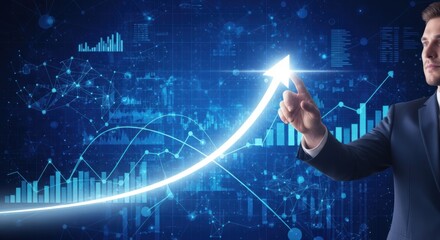 Businessman indicates growth trend with rising graph data showing business success and financial profit using innovative modern technology