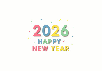 Colorful 2026 New Year graphic with confetti on white background.