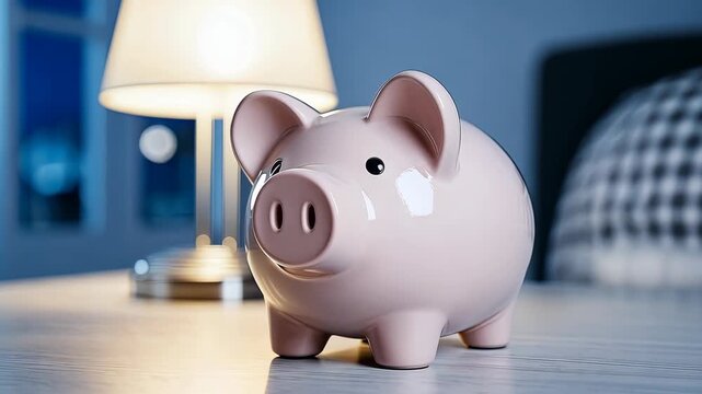 Piggy bank sits on desk under soft light, highlighting savings and financial planning - Powered by Adobe