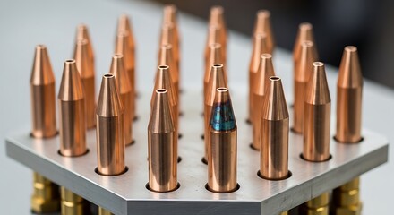 Metal bullets neatly arranged in a holder, focusing on precision and design