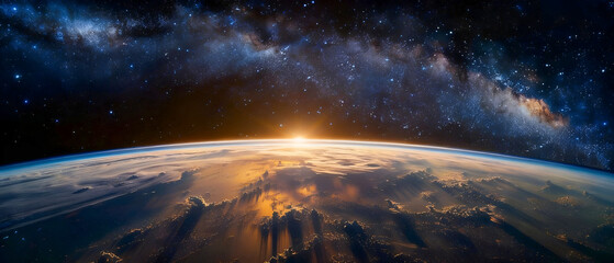 Planet Earth Sunrise from Space with Milky Way—Ultra-Realistic Cosmic View