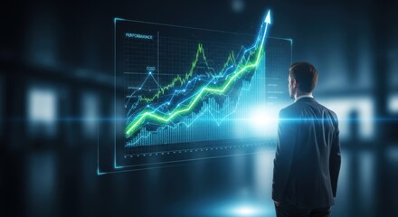Businessman views a holographic screen showing an ascending business performance chart with lines and bars trending upward