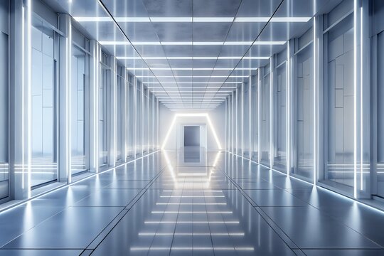 Futuristic neon lit hallway with geometric light patterns