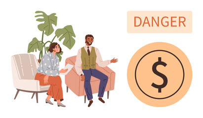 Couple seated on armchairs discussing finances next to a large dollar sign and danger warning. Ideal for financial risk, debt management, economic crisis, budgeting, financial advice, money stress