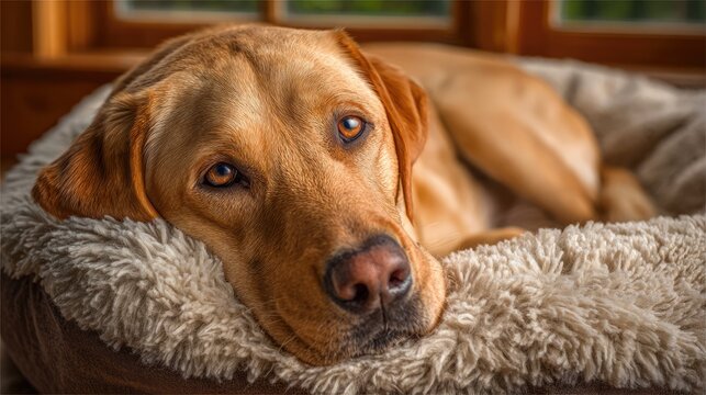Relaxed Labrador Dog Resting Comfortably on a Soft Bed - Powered by Adobe