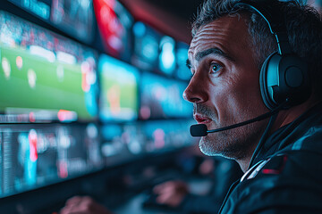Fototapeta premium Focused man VAR operator reviewing multiple angles of a football play. Soccer official monitors game action across multiple screens.