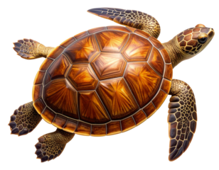 Top-Down View of Brown-Shelled Turtle with Extended Limbs, Isolated on Transparent Background