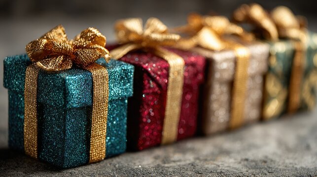 Sparkling Glitter Gift Boxes with Golden Ribbons for Holiday Celebration - Powered by Adobe