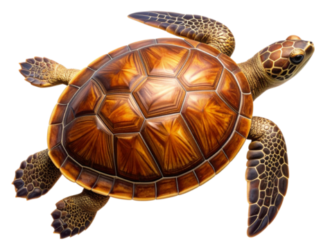 Top-Down View of Brown-Shelled Turtle with Extended Limbs, Isolated on Transparent Background