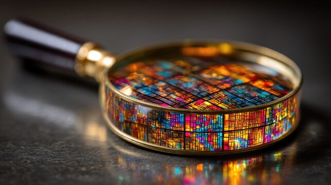Magnifying Glass Over Colorful Microchip Pattern