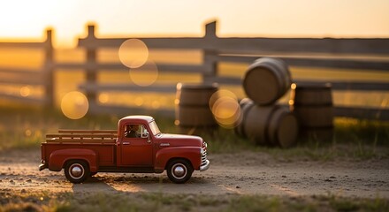Miniature red truck beside the fence and wooden barrels at sunset
