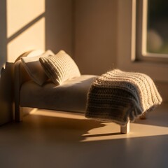 Miniature serene bedroom bathed in warm light, a haven of tranquility