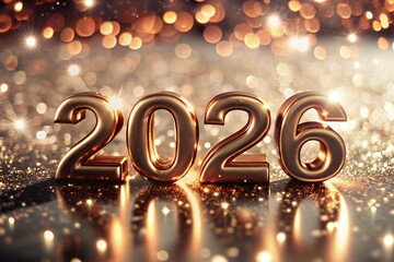 Golden 2026 numbers with sparkling bokeh lights