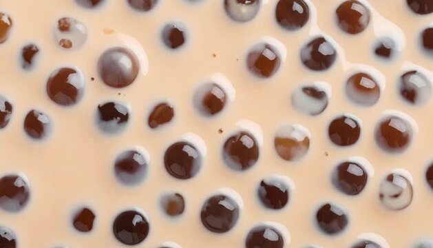 A delightful top-down macro shot of sweet boba tapioca pearls floating in creamy milk tea, creating an abstract beverage texture and background
