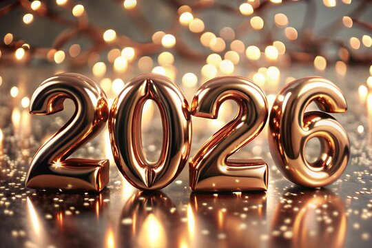 Shiny rose gold 2026 balloons with festive bokeh lights