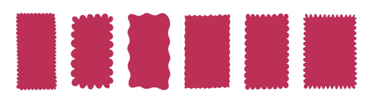 Zig zag wavy edge frame shapes, scalloped and groovy curved borders, retro cute squiggly doodle rectangle and circle text boxes, colorful abstract frames and fun design elements on transparent backgro