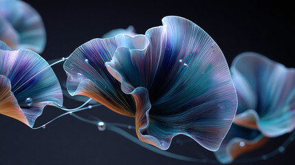 Elegant and artistic flowers with a unique design and color scheme on the dark background. The flowers display a captivating combination of blue, purple, and teal hues, accented by delicate details