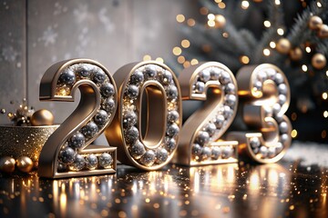 Sparkling new year 2023 numbers with festive holiday decorations