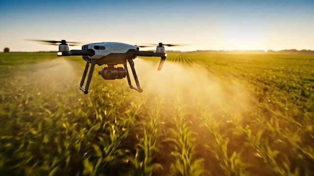 Agricultural drone spraying crops in a sunlit field at sunrise.