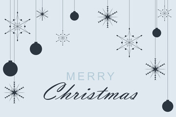 Minimal Christmas Card with Hanging Ornaments and Snowflakes on Light Background