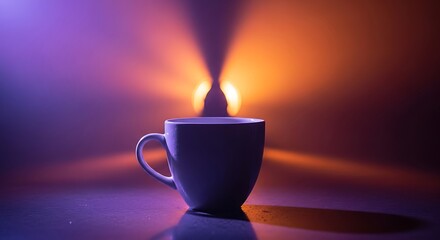 Mystical coffee cup radiates warmth, illuminated against vivid backdrop