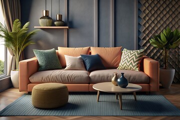 Cozy living room with orange sofa and textured walls