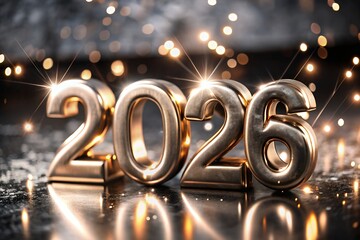 Shiny golden 2026 numbers gleam with festive bokeh lights