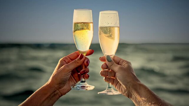 Animated images showing two arms holding champagne glasses making a toast with the sea and sky in the background.