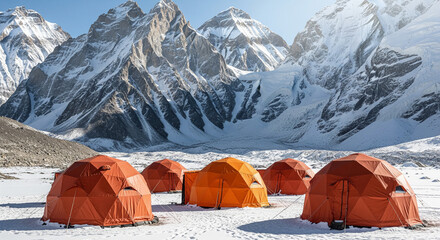 High Altitude Mountaineering Base Camp with Orange Expedition Tents on Snowy Glacier in Himalayas