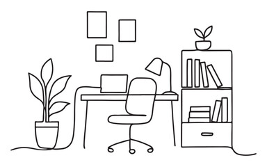 Continuous line art illustration of a modern home office space