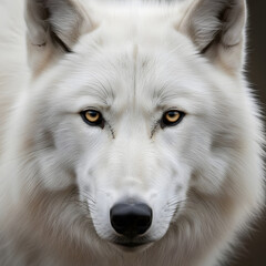Obraz premium A majestic white wolf with intense eyes looking at the camera. The wolf has a thick, furry coat. A captivating portrait of the wild