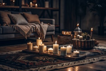 Cozy living room ambiance with numerous lit candles and soft furnishings