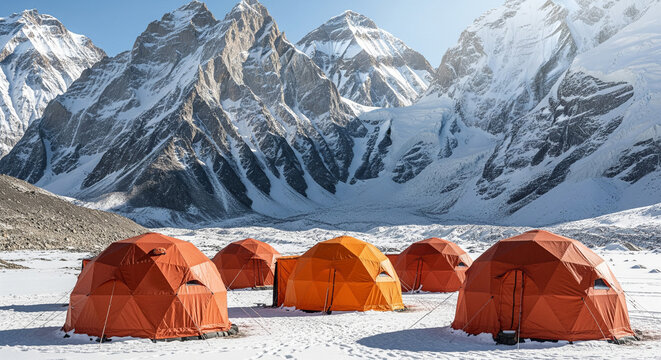 High Altitude Mountaineering Base Camp with Orange Expedition Tents on Snowy Glacier in Himalayas