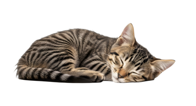 Sleeping Striped Cat Curled Up on White Background.
